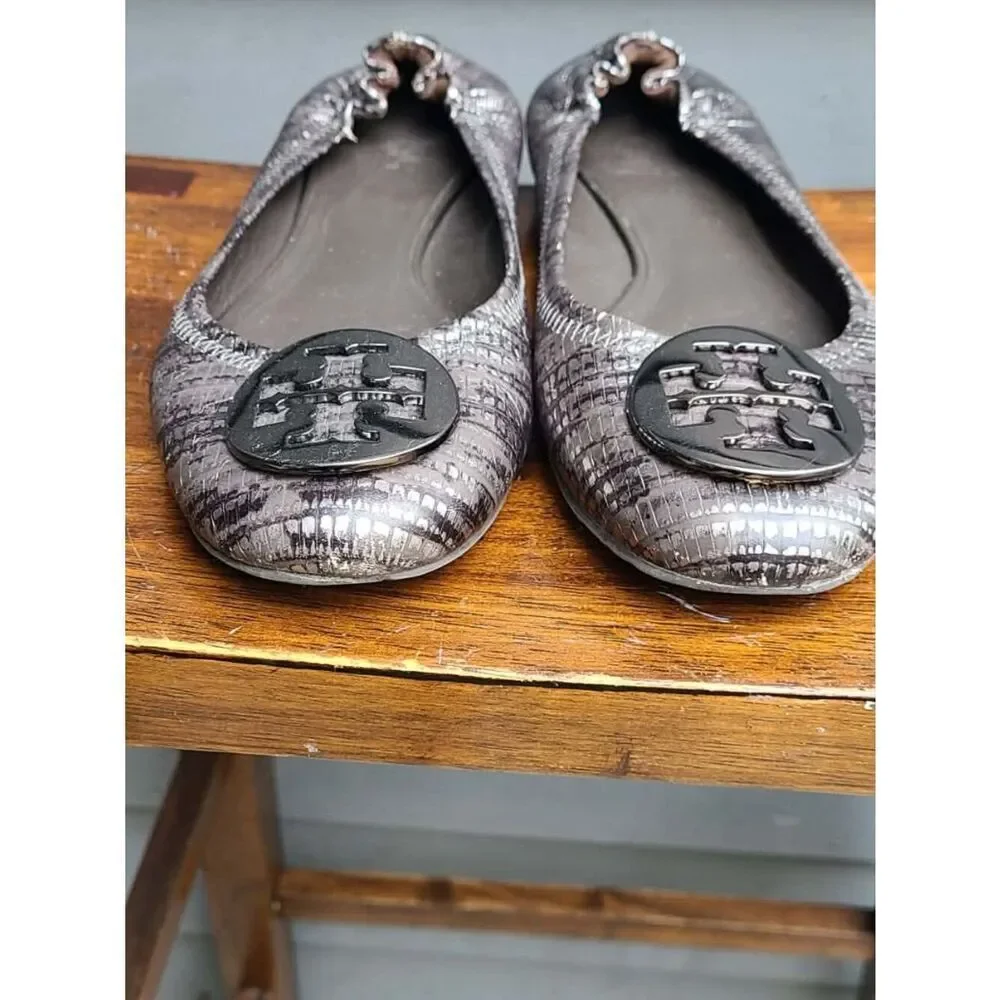 Tory Burch Reva Black Silver Snake Print Leather Ballet Flats size 8M